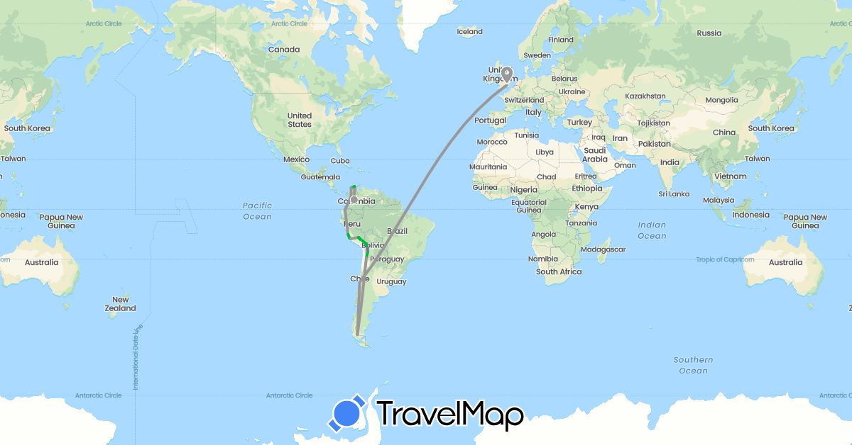 TravelMap itinerary: driving, bus, plane, train in Bolivia, Chile, Colombia, Ecuador, United Kingdom, Peru (Europe, South America)